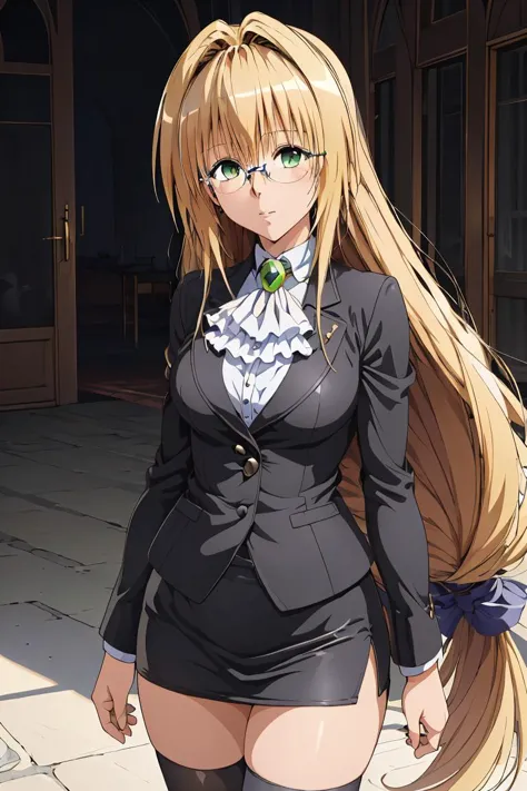 anime girl with long blonde hair and green eyes in a black suit