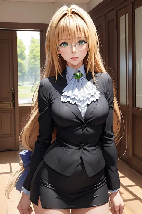 anime girl in a black suit and glasses posing for a picture