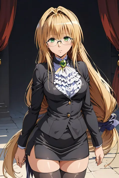 (masterpiece, best quality), 1girl,   <lora:tearju_lunatique_v1:1> aatearju, very long hair, low-tied long hair, hair ribbon, green eyes, glasses, large breasts, white ascot, black jacket, long sleeves, black skirt