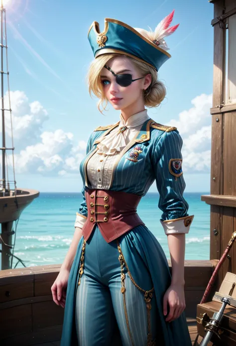 score_9, score_8_up, score_7_up,  1girl (medium full shot) of (lovely young woman:1.1) pirate russian with blonde hair, blue eyes, fair skin, tall,,             wearing Scarlet waistcoat over a striped shirt, linen trousers, tricorn hat with a peacock feather, sturdy boots, black fabric eyepatch, wielding swivel gun, ,leg lift, looking to the side,  mystified,           in  a rowboat, calm seas and gentle breezes, with a peaceful and tranquil atmosphere perfect for leisurely sailing and relaxation, as well as for enjoying the beauty and serenity of nature's most majestic playground  Masterpiece,best quality, photorealistic, amazing quality, very aesthetic, extremely detailed face,