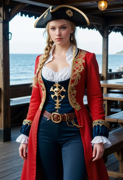 score_9, score_8_up, score_7_up,  1girl (medium full shot) of (angelic young woman:1.1) pirate swedish with blonde hair in a braid, blue eyes, fair skin, slender,             wearing Crimson velvet coat adorned with gold embroidery, fitted black trousers, wide-brimmed hat, sturdy boots, beaded jewelry, wielding rapier with a slender blade and ornate hilt, ,one arm behind her head, skipping like a little girl,  satisfied,           in  raucous tavern or waterfront alehouse, with rough-hewn tables and benches, flickering lanterns, and raucous sea shanties sung by drunken sailors and rowdy revelers, as well as with opportunities for gambling, brawling, and carousing , at sunset Masterpiece,best quality, photorealistic, amazing quality, very aesthetic, extremely detailed face,