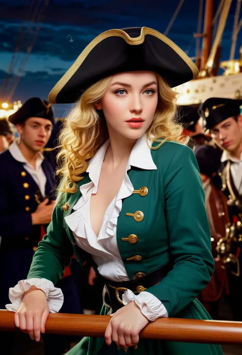 score_9, score_8_up, score_7_up,  1girl (medium full shot) of (angelic young woman:1.1) pirate french with curly blonde hair, bright green eyes, light skin, petite,             wearing Emerald green velvet jacket over a ruffled shirt, black trousers, wide-brimmed hat, ankle boots, compass on a leather cord, wielding grappling hook, ,bending forward, hands on face,  delighted,           in  crowded deck of a merchant ship or warship, with sailors and soldiers bustling about their duties, as well as with opportunities for boarding actions, prize captures, and naval engagements against enemy vessels , at night Masterpiece,best quality, photorealistic, amazing quality, very aesthetic, extremely detailed face,