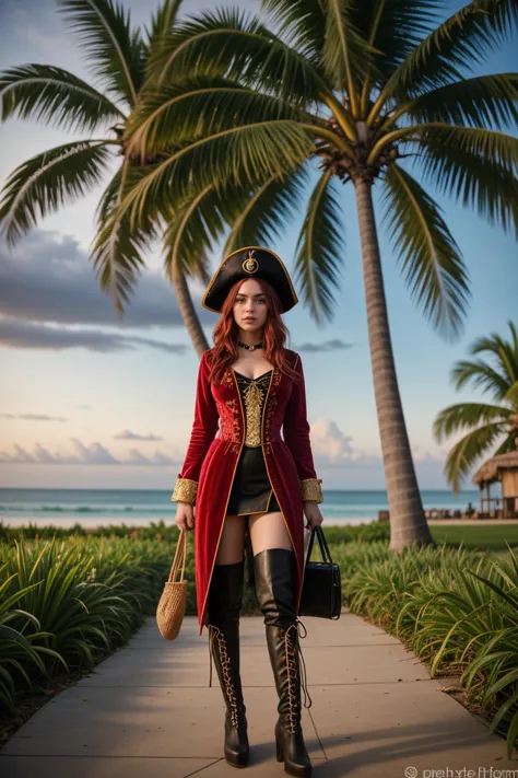 (summer season:1.2),(at dusk:1.2),<lora:LCM_LoRA_Weights_SD15:1>,<lora:detail_slider_v4:1.2>,(lovely pirate) adult Girl, tiny build, short red hair, german, fair skin, blue eyes, wearing Crimson velvet coat adorned with gold embroidery, fitted black skirt, black tricorn hat with a ribbon, knee-high boots, hook hand,skull and crossbones pendant,compass on a leather cord, set in Coconut Grove, Shaded area with towering coconut palms, hammocks strung between trees, tropical flowers in bloom , at sunset,
aerial photography, drone photography, sweeping landscapes, unique perspectives, epic scale, capturing from above, revealing hidden beauty, showcasing vastness, immersive experience, precise compositions, expert piloting, dynamic angles, cinematic storytelling, showcasing natural wonders, aerial exploration,(fullbody shot:1.3),(fullbody shot:1.1),(full body:1.3),(fullbody:1.3),(full body photo:1.3),(full body view:1.3),(wide shot:1.3),front view:1.1,(full body portrait:1.3),