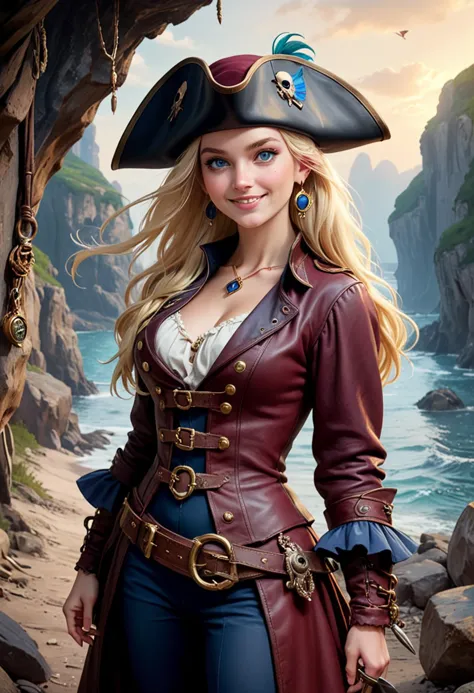 (medium full shot) of (gallant pirate) young woman, tiny build, long blonde hair, swedish, fair skin, dark Blue eyes, wearing a leather tricorn hat with a peacock feather, maroon dress with embroidery details, rugged pirate boots, leather gloves gold hoop earrings, pirate flag, wielding a rapier, set in  secluded smuggler's cove, caves and coves hidden among the rocks, buried treasure, hidden contraband  , at sunset, woman smiling, detailed face, ,Masterpiece,best quality, photo, realistic, very aesthetic,