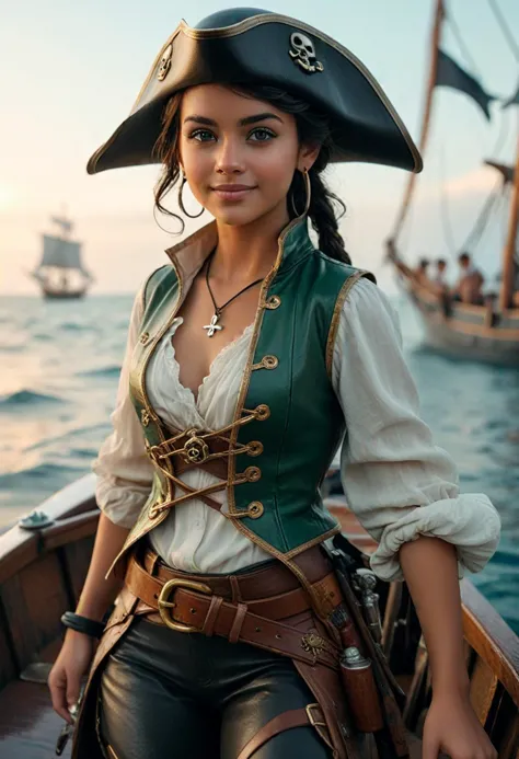 (medium full shot) of (adventurous pirate) young woman, tiny build, short dark hair, arabian, tan skin, jade green eyes, wearing...