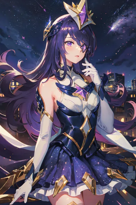 (Masterpiece:1.2), best quality, (illustration:1.2), <lora:Star_Guardian_Syndra-000018:1>, star guardian syndra, 1girl, purple hair, hair ornament, frilled skirt, dress, upper body, potrait, city, park, starry sky