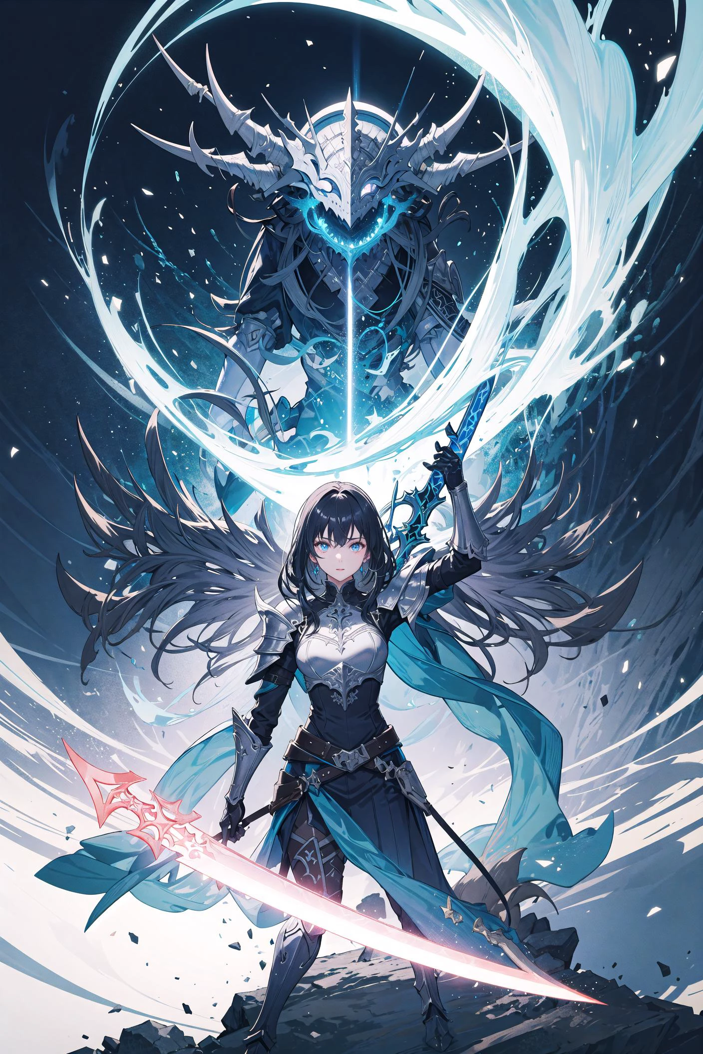 fantasy, epic, movie poster-style illustration, a girl standing in armor, with a dynamic and magical background, featuring prominent and well-designed typography elements,standing, confident, determined, wielding a sword, epic title, magical forest, glowing runes, bold text
