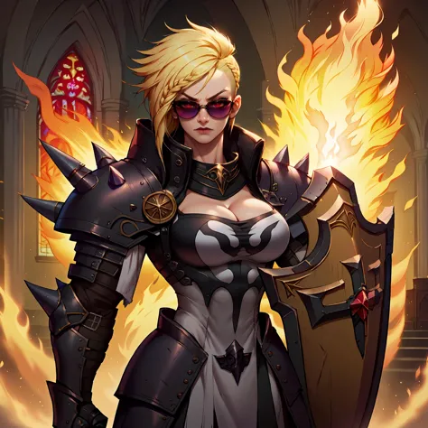 score_9,score_8_up,score_7_up,masterpiece,volumetric lighting BREAK 1girl,crsadr,muscular female,very long blonde hair,side cut,braid,uppercut,sunglasses,full armor,shoulder spikes,spiked gauntlets,flaming fist,shield,huge arms,biceps,cleavage,gothic church,<lora:CrusaderPonyLora:0.8>,