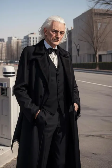 (masterpiece, best quality:1.2), portrait, realistic,  <lora:DrWho01:0.7> (whodocfirst:1.2), white hair, black suit, grey hair,  male focus, outdoors, old, old man, formal, (black coat:1.2), hartnelldoc