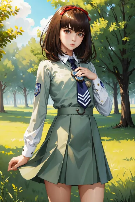 masterpiece, best quality, sonomura maki, hair ribbon, pendant, necktie, school uniform, skirt, cowboy shot, looking at viewer, ...