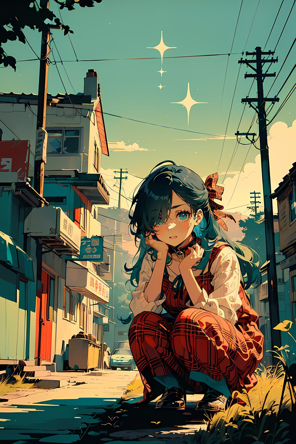 Anime girl kneeling down in the street with her hand on her chin - SeaArt AI