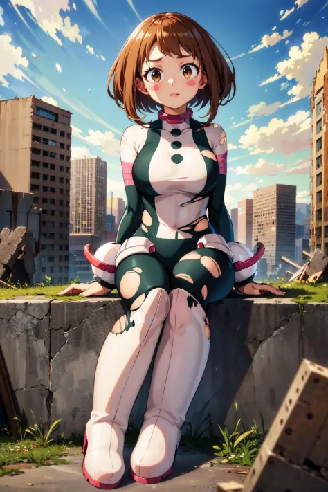 masterpiece, best quality, highres, hmochako, blush stickers, short hair, medium breasts, superhero, bodysuit, boots, <lora:uraraka_ochako_v1:0.8>, ruins, building, (torn clothes:1.2), sitting