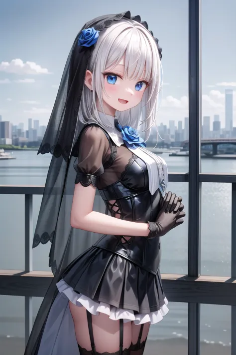 (cleavage:-1.5), insanely detailed, absurdres, ultra-highres, ultra-detailed, best quality,
1girl, solo, nice hands, perfect hands,
BREAK
(fusion of black mourning-dress and black wedding dress:1.2), (gothic dress:1.3), (light-blue and black theme:1.3), ((...