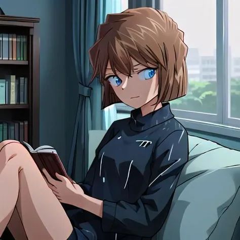 Créer une image de 1girl, cheveux bruns,Cheveux courts,yeux bleus, haibaratv, capture d&#39;écran d&#39;anime, assis confortablement sur un canapé moelleux. Elle est absorbée par la lecture d&#39;un livre, tenir une tasse de café dans une main. La scène se déroule dans une pièce cosy avec un éclairage d’ambiance, et à travers la fenêtre en arrière-plan, représenter une atmosphère nocturne pluvieuse. Capturez l&#39;ambiance tranquille et introspective de Haibaratv alors qu&#39;elle apprécie son livre et son café lors d&#39;une soirée pluvieuse.