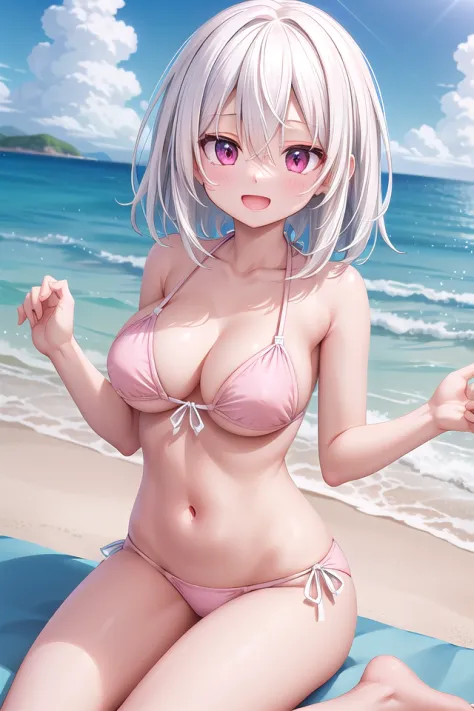 insanely detailed, absurdres, ultra-highres, ultra-detailed, best quality,
(wearing pastel pink bikini:1.2),
1 girl, solo, happy smile, laugh, open mouth,
BREAK
sitting on beach, dynamic pose, cowboy shot, looking at viewer,
slender, kawaii, perfect symmet...