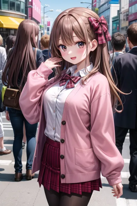 insanely detailed, absurdres, ultra-highres, ultra-detailed, best quality,
1girl, solo, nice hands, perfect hands,
BREAK
(School Uniforms:1.2), (pink cardigan is fit body:1.4), ((do up a buttons, not loose):1.5), ((long sleeve, sleeves past wrists):1.2), (...