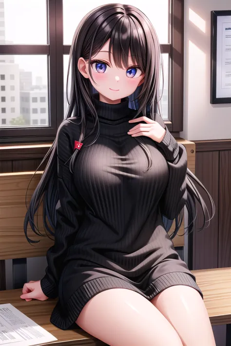 insanely detailed, absurdres, ultra-highres, ultra-detailed, best quality,
1 girl, solo, nice hands, perfect hands,
BREAK,
wearing sweater,
happy smile, laugh, closed mouth,
sitting,
45 angle, cowboy shot, looking at viewer,
BREAK,
slender, kawaii, perfect...