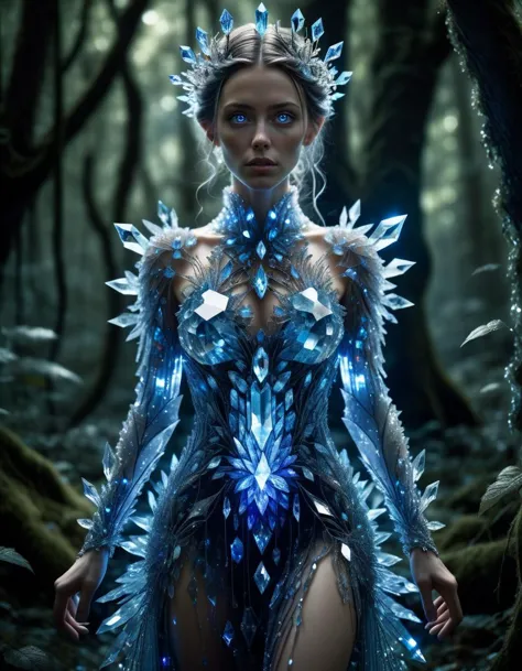 greek 30yrs old woman full body shot, blue crystalz eyes, wearing a overgrown glowing crystalz dress, in a mythical forest, mast...