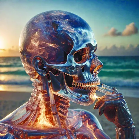 a glass skull smoking a perfect cuban cigar,varadero beach,cinematic photography,smoke rising like clouds,symmetrical,super reso...