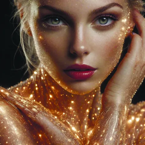 a close up of a woman with glitter on her body