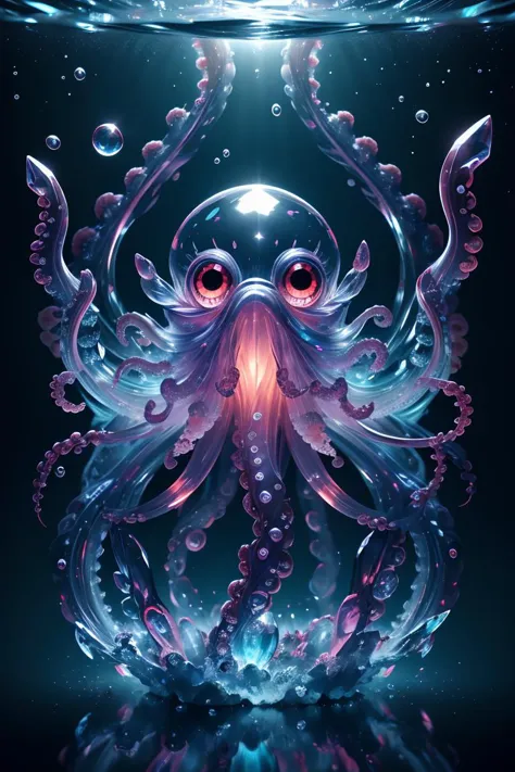 eye focus,tentacles,solo,Transparent glowing octopus,looking at viewer,multicolored eyes,no humans,reflection,water,extra eyes,b...