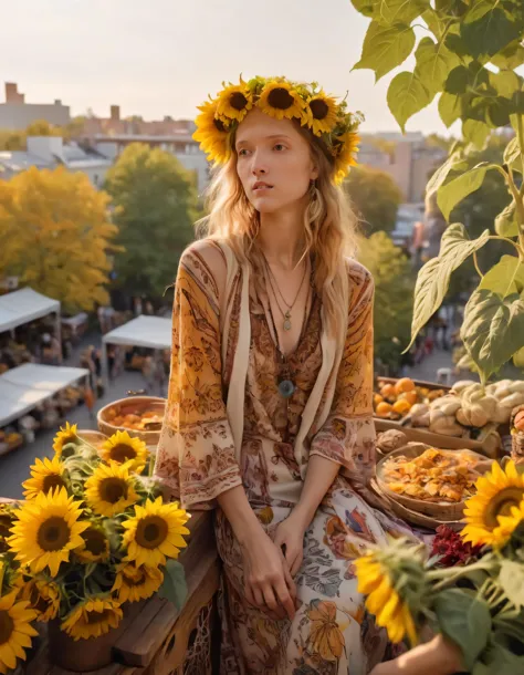 In this spontaneous scene, a woman named Daha effortlessly captures your attention at the bustling outdoor marketplace from an enchanting bird's eye view by a rooftop vantage point; dressed in her signature bohemian-styled outfit, featuring flowing patterns and intricate designs, she reaches with confident grace for a bursting sunflower bouquet amidst a lively tree-lined landscape, symbolizing a harmonious union of femininity and nature. <lora:zvimmu18f6388734ag209:1>