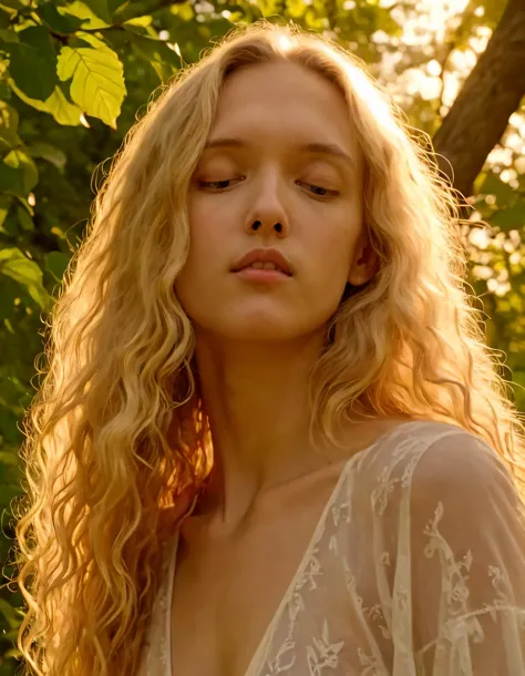 a woman with long blonde hair and a sheered dress standing in a forest