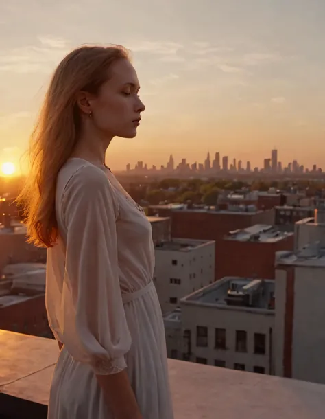 arafed woman in white dress standing on rooftop overlooking city skyline