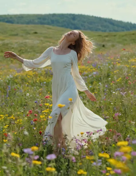 araffe woman in a white dress walking through a field of wildflowers