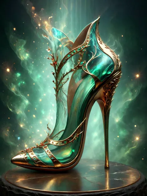 ethereal fantasy concept art of  stilettos, high heels, stylish shoe design, in the style of highly detailed, gold and green the...