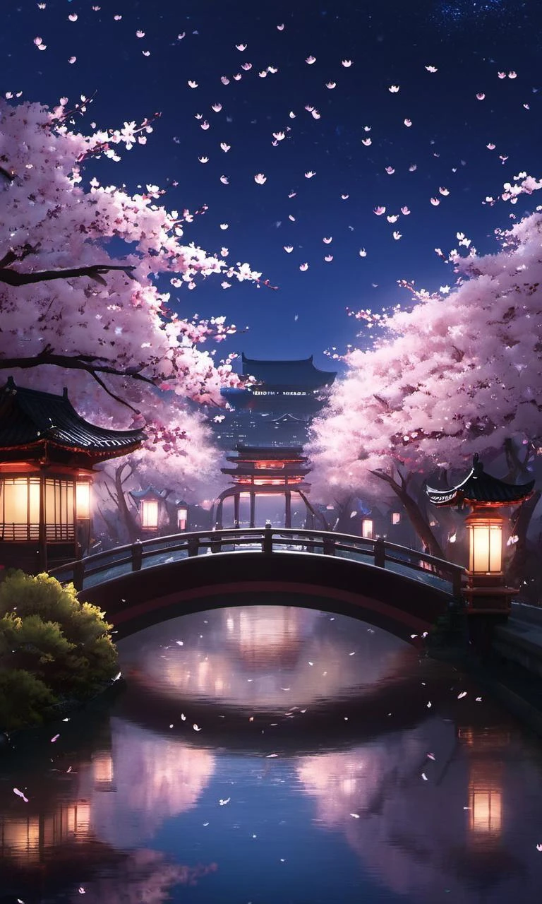 아리앙뷰, 주변에 벚꽃이 피어 아름다운 밤이었습니다. 눈에 들어오는 인간은 없었다, 밤이 맑아지자. 풍경은 동아시아 건축물이었습니다, 물로 둘러싸인 다리와 건물. 벚꽃의 꽃잎이 나무에서 자랐다, 현장의 자연미를 더하다. 거리에서, 반딧불이 \u95ea\u70c1\u7740\uff0c 밤에 마법을 더해 줄게.