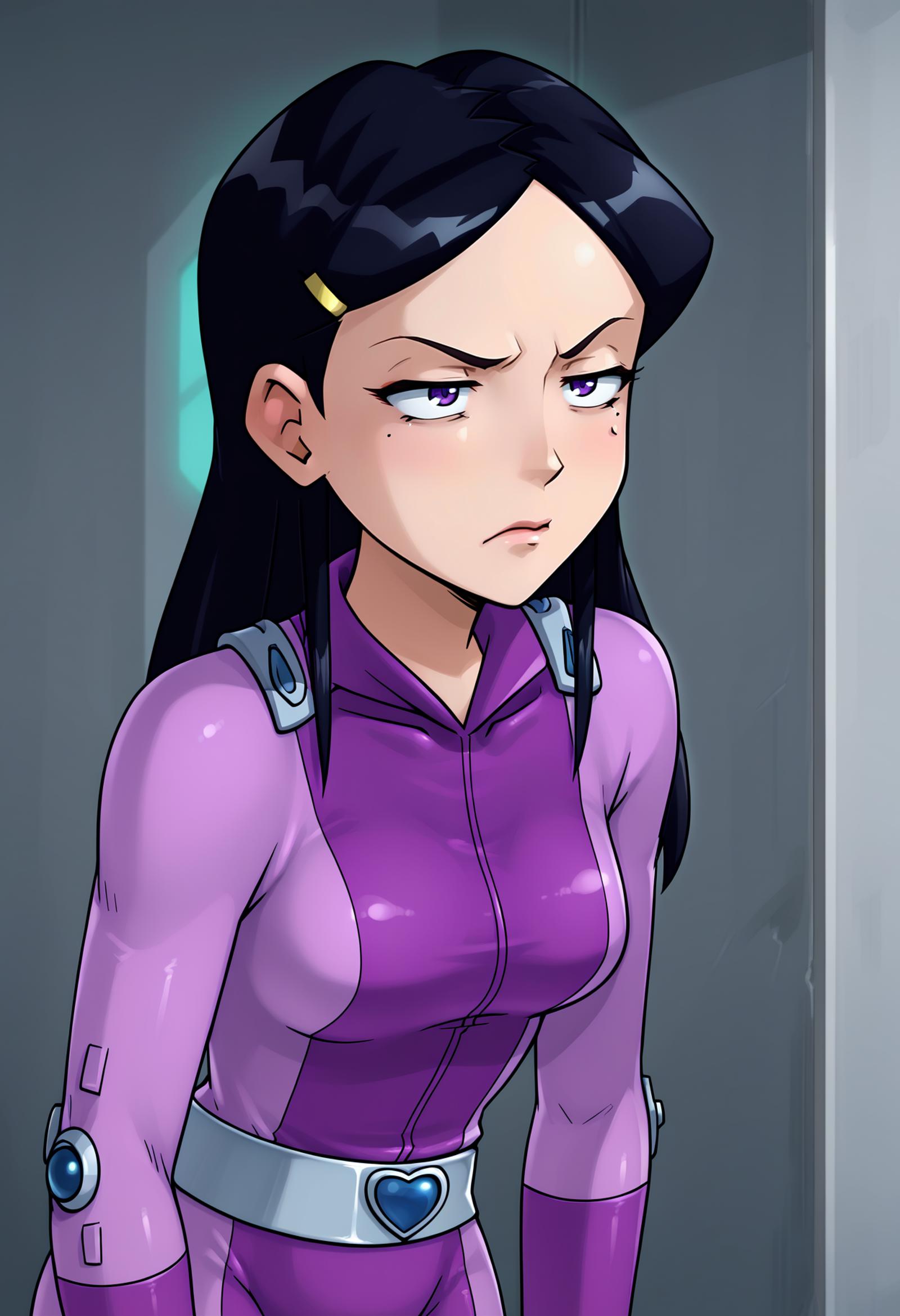 A cartoon girl with long black hair and purple outfit - SeaArt AI