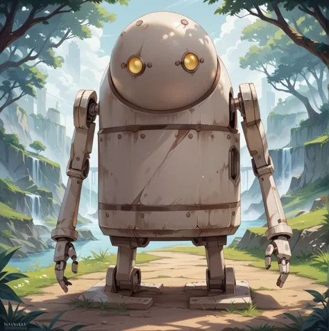 a close up of a robot standing in a forest with trees