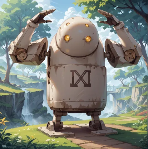 a cartoon robot standing in the middle of a forest