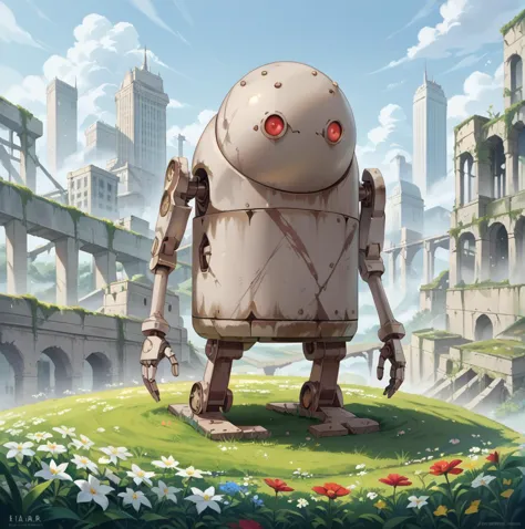 a cartoon robot standing on a grassy hill in front of a city