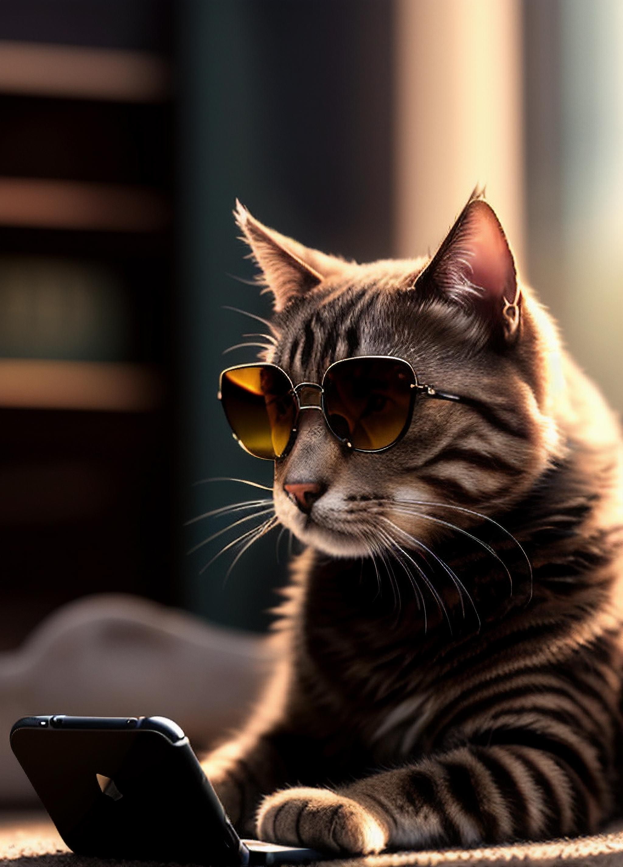 Araffe cat wearing sunglasses laying on a bed with a cell phone SeaArt AI