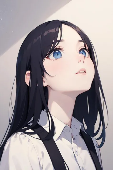 best quality, masterpiece,Black hair, blue eyes, looking up, upper body