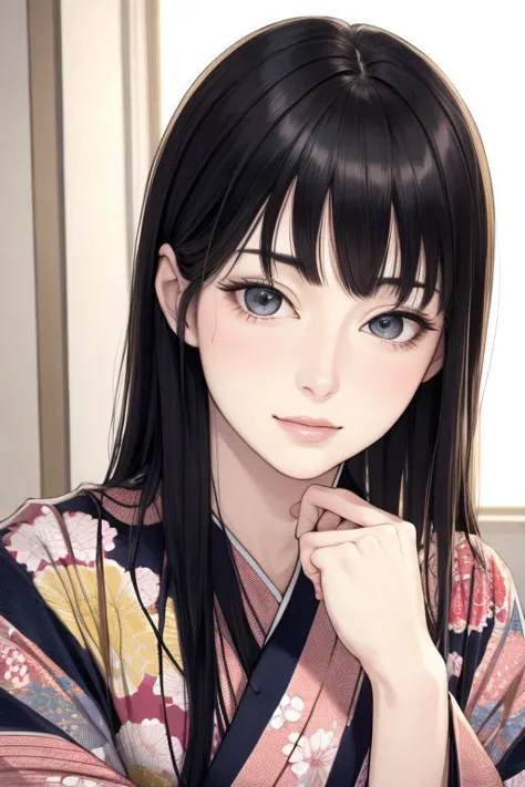 (masterpiece), (hyperrealistic),Pure face:1.3, Sexy face:1.1,Top quality:1.1, Fine face:1.1, Fine eyes:1.1, mature female,beautiful:1.1,1woman, embarrassed,(by Kentaro Yabuki),(by KMhei Horikoshi), (kimono),black hair,