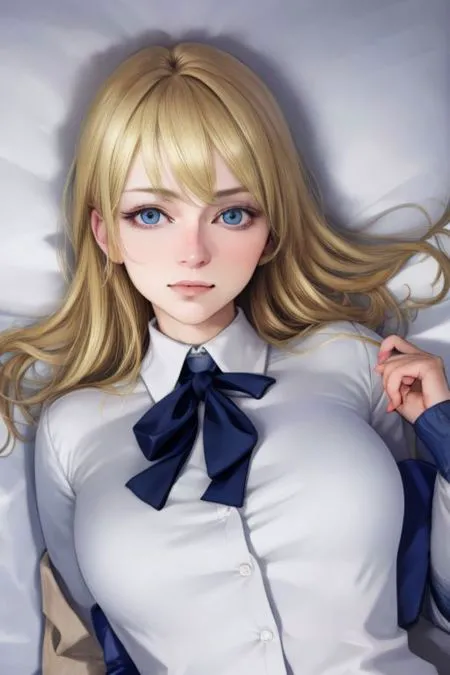 (masterpiece), (hyperrealistic),Pure face:1.3, perfect eyes,  Sexy face:1.1,Top quality:1.1, Fine face:1.1, Fine eyes:1.1, mature female,beautiful:1.1,1woman, (by Kohei Horikoshi), embarrassed, (on back:1.5), (arms down:1.4), blond hair, (sidelocks, blunt bangs),upper body, pov, BreastsApart, (collared shirt),