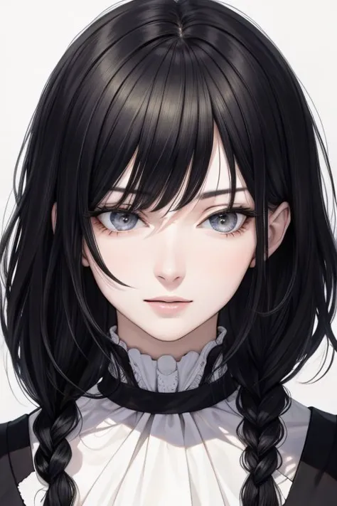 a girl with long black hair and a white blouse