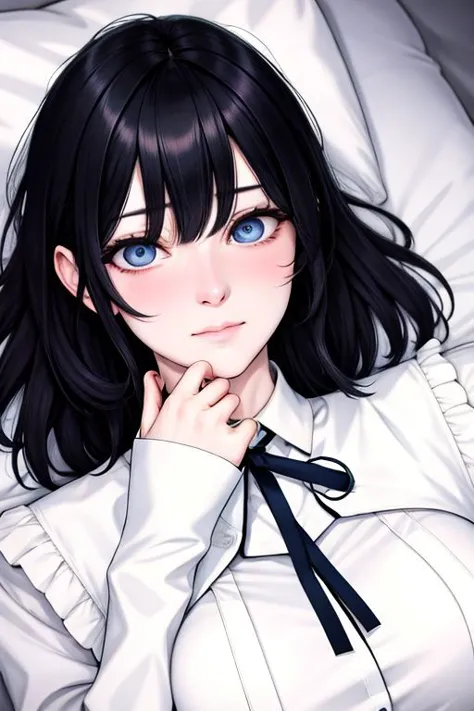 anime girl with blue eyes laying in bed with white sheets