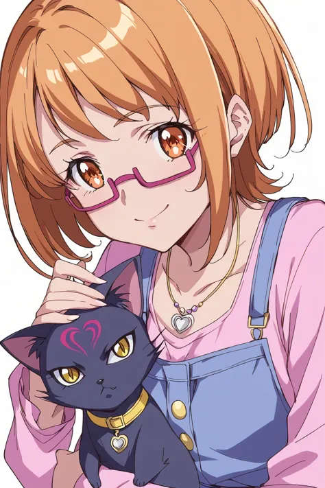 anime girl with glasses holding a cat in her arms