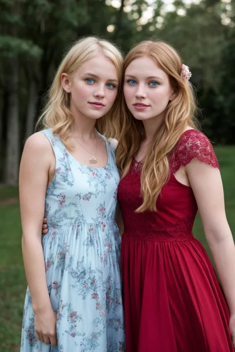 two young women in dresses standing next to each other in a park