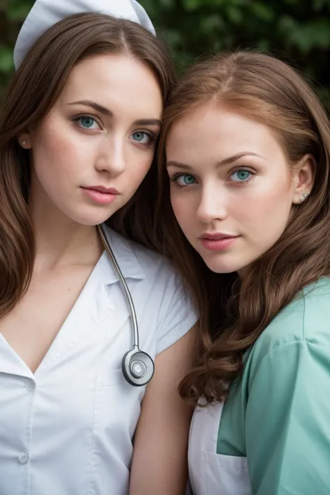 RAw photo, 2girls,  wearing nurse costume, smooching, green eyes, blonde, redhead, brunette, <lora:PA7_Beautify2:0.1> PA7_Photo  -FL