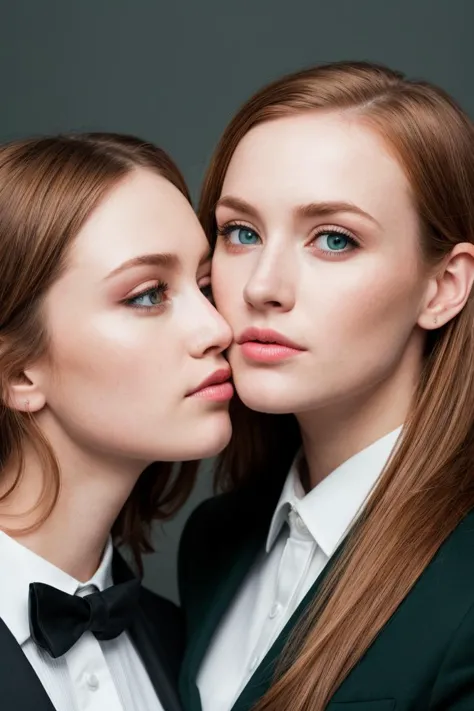 two women in tuxedos posing for a photo with their heads close together