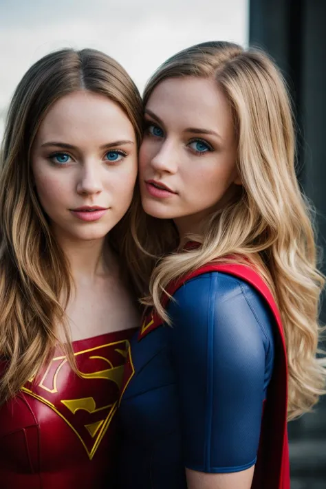 RAw photo, 2girls,  wearing supergirl costume, smooching, blue eyes, blonde, redhead, brunette, <lora:PA7_Beautify2:0.1> PA7_Photo  -FL