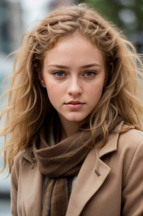 a close up of a woman with a scarf on a street