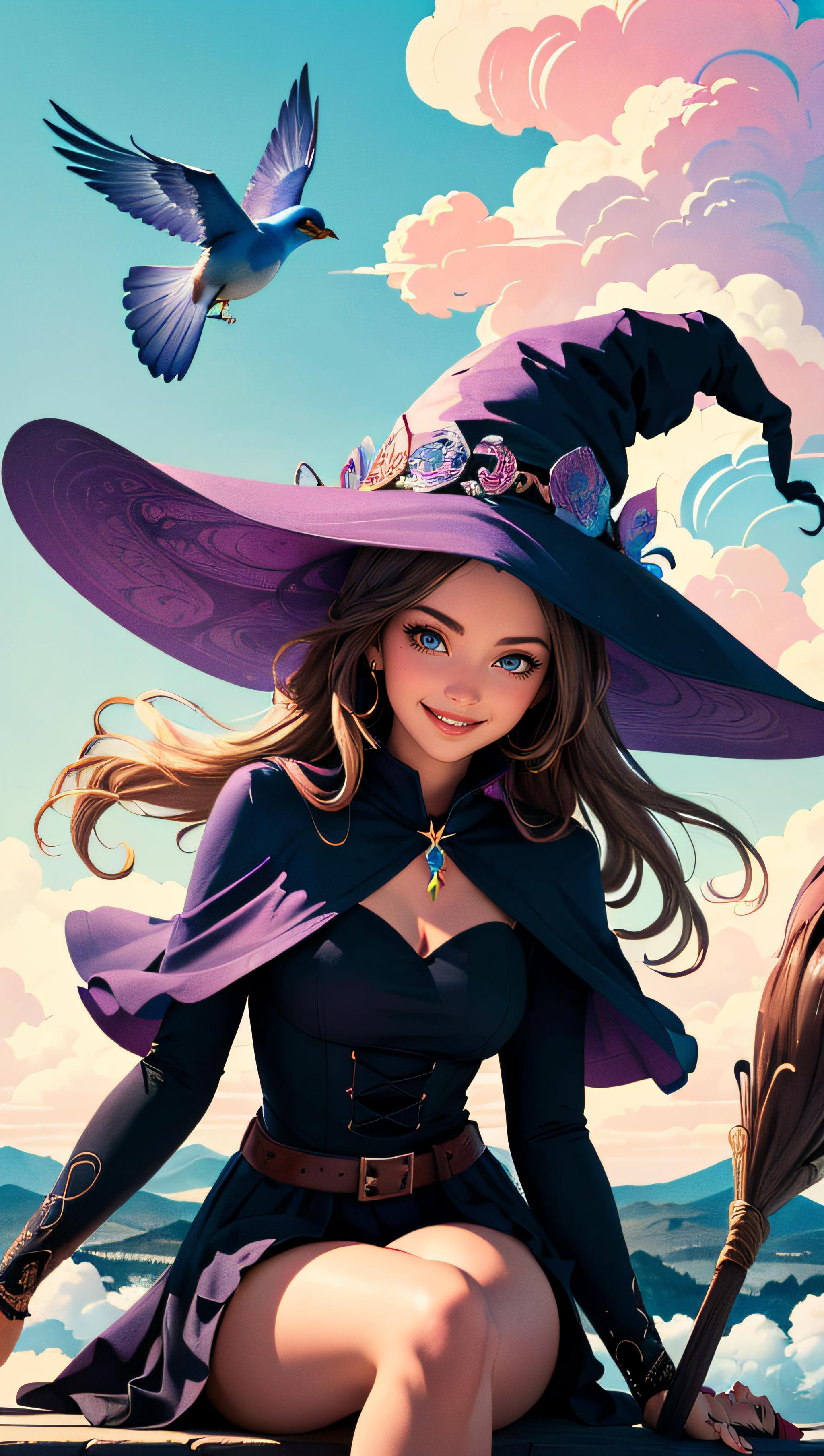 Witch with a broom and a bird flying over her - SeaArt AI