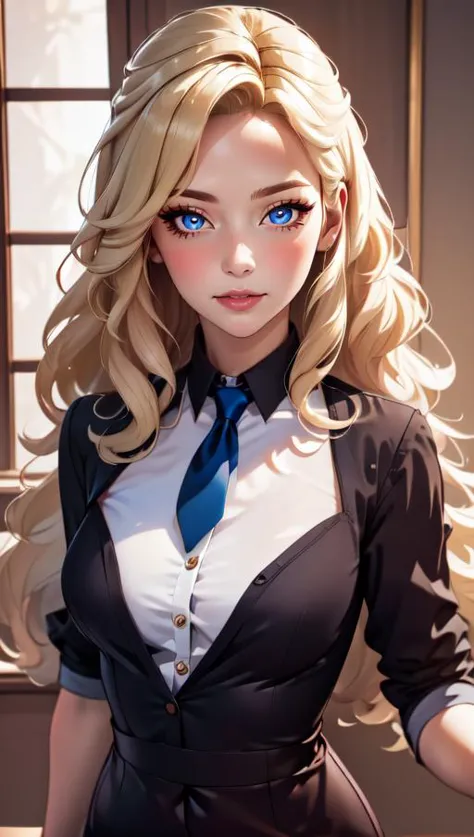 masterpiece, best quality,  1girl,  <lora:big_hair-1.0:1.4> big hair , tied hair,  blonde hair,  long eyelashes,  indoors, necktie, bracelet,  hands on own face, cowboy shot,