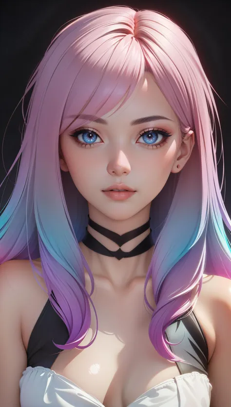 masterpiece, best quality,  1girl,  gradient hair, very detailed skin, detailed skin pores, raytracing,  dark background,  low l...